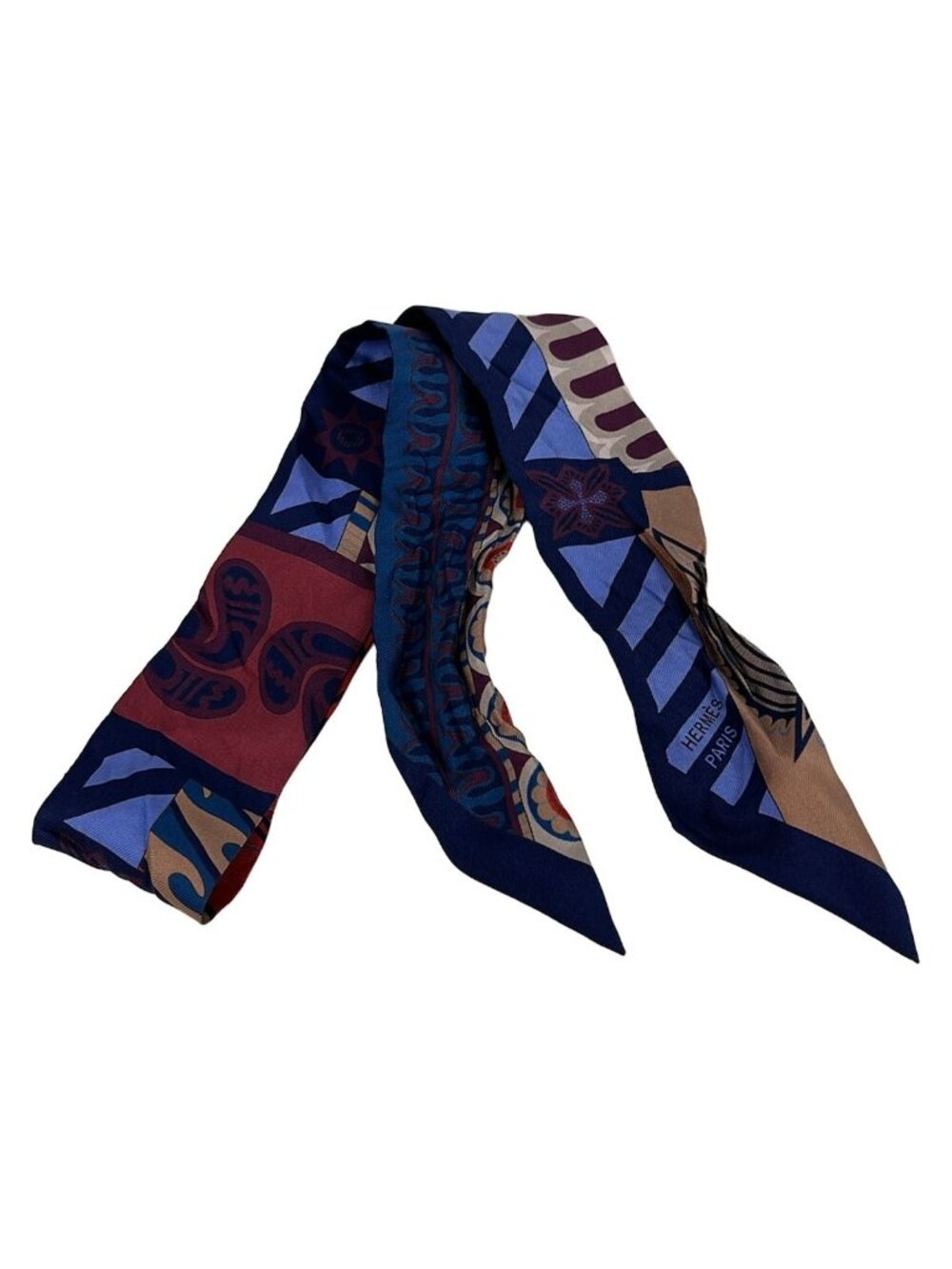 Hermes Scarf Twilly Dark Navy Red Multi Ribbon